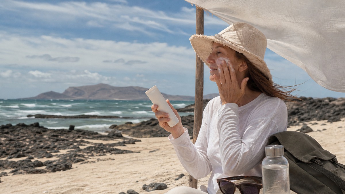 Protección solar facial junto a una playa volcánica de Lanzarote
